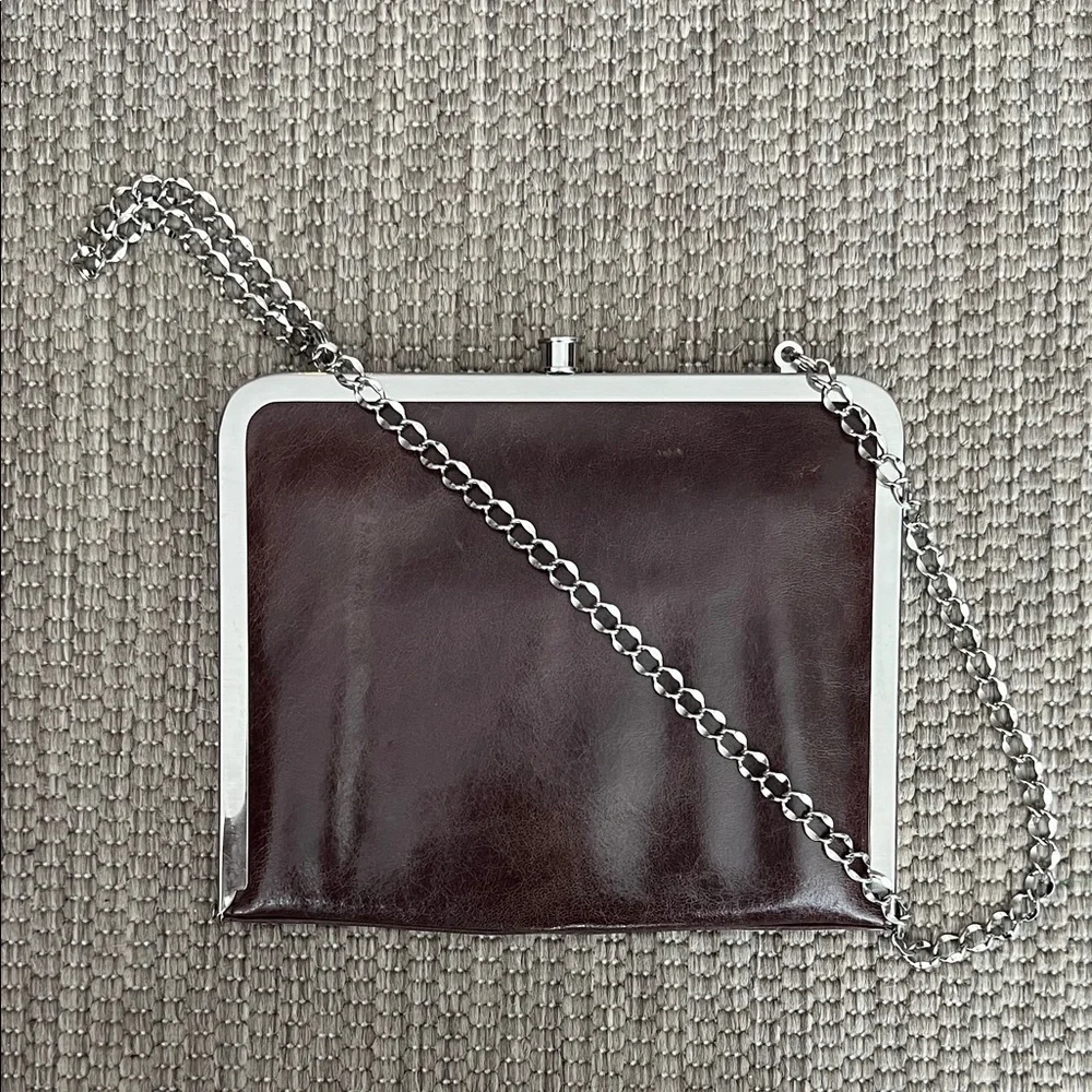 HOBO International Chocolate Brown Leather Framed Clutch with Shoulder Chain